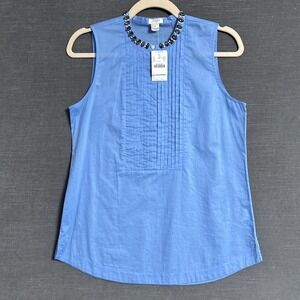 NEW J Crew Top 2 Blue Cotton Tank Beaded Pleated Popover Nautical Preppy Classic